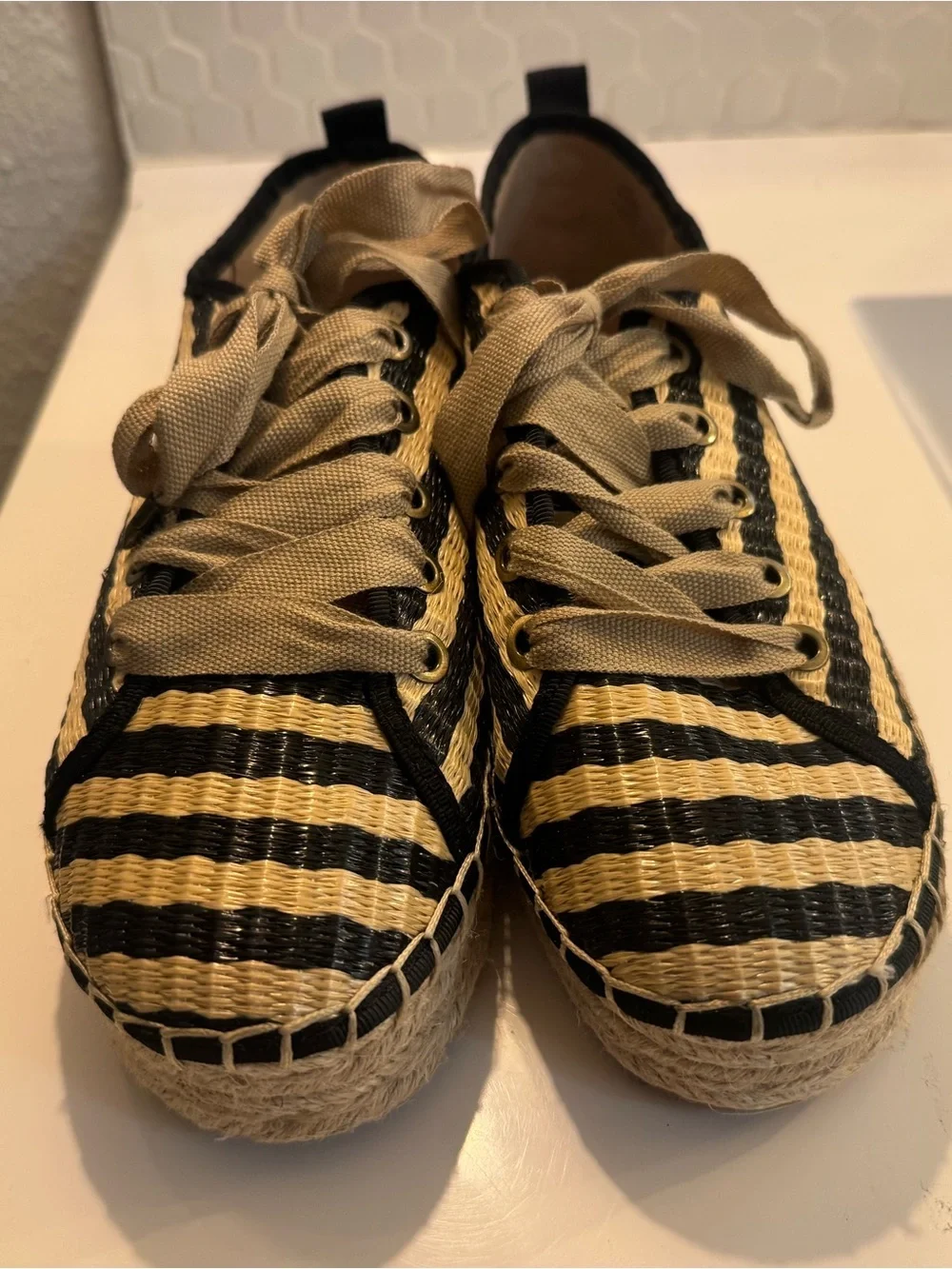 Sam Edelman Black & Natural Striped Platform Espadrille Sneaker